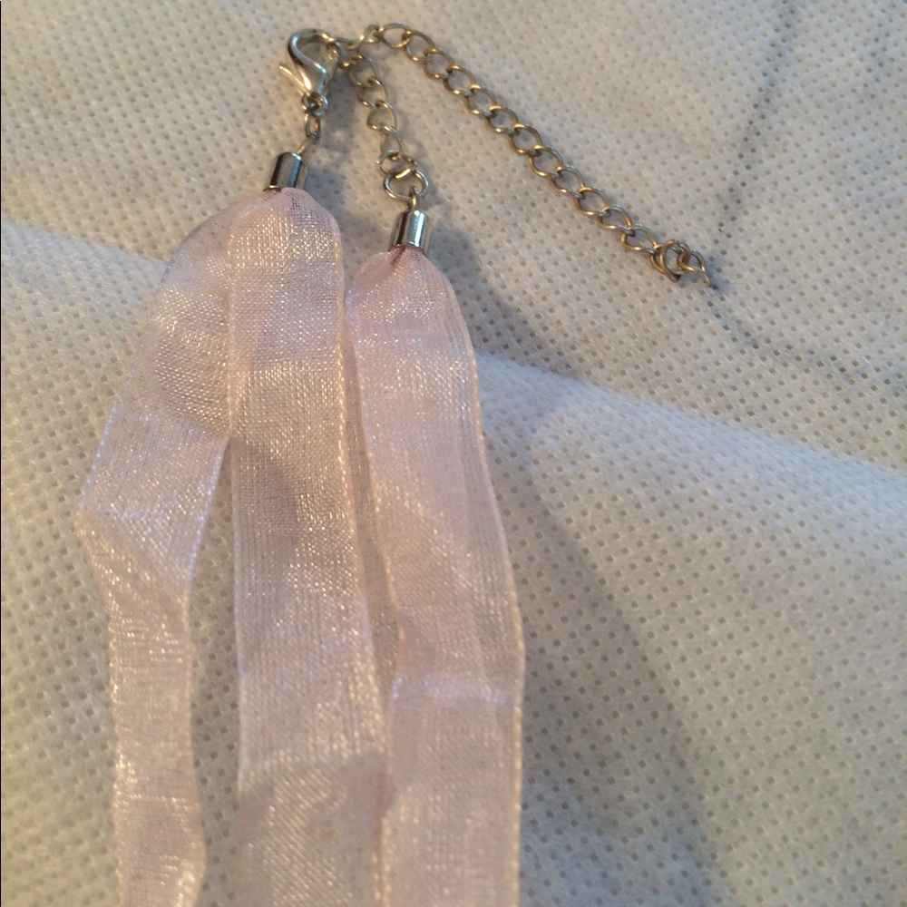 Pink Rhinestone Silver Flower Ribbon Necklace - Picture 5 of 5